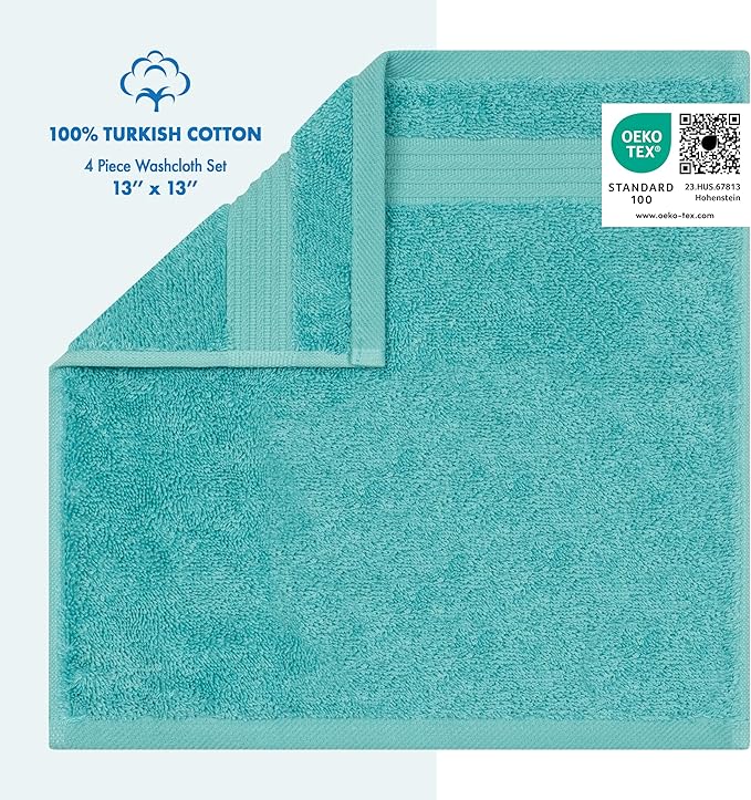 Cotton Paradise 100% Cotton Turkish Washcloth Set for Bathroom, 4 Piece Soft Absorbent Small Towels Wash Rags, Turquoise