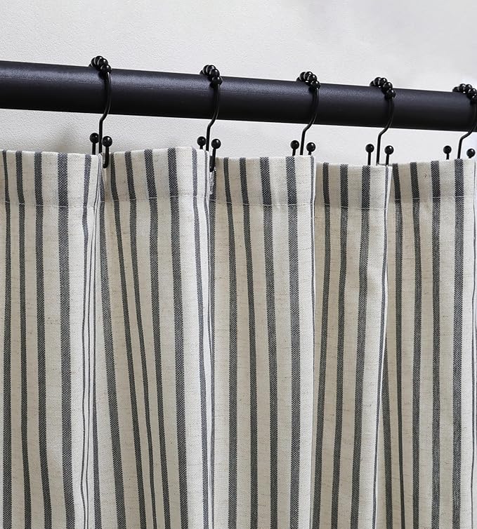 Farmhouse Striped Shower Curtain - 72x72 Inches, Linen Blend Fabric, Breathable & Machine Washable, Rustic Black for Bathroom Decor (Hooks/Liner Not Included)