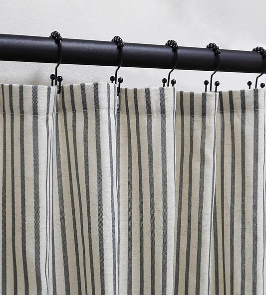 Farmhouse Striped Shower Curtain - 72x72 Inches, Linen Blend Fabric, Breathable & Machine Washable, Rustic Black for Bathroom Decor (Hooks/Liner Not Included)