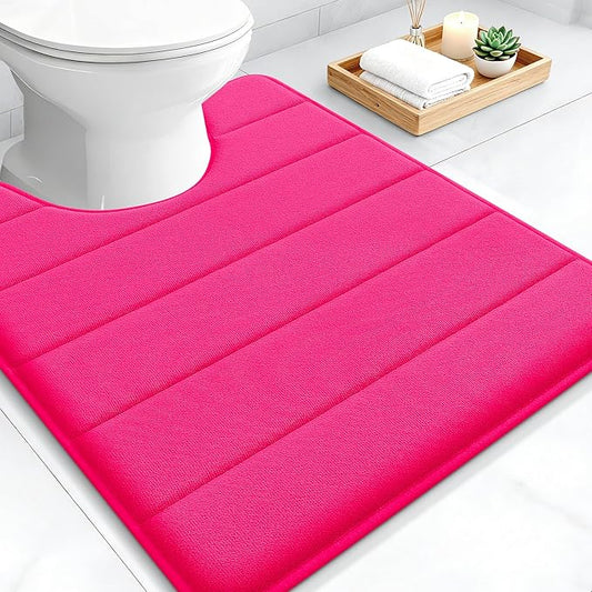 OLANLY Memory Foam Toilet Rugs U Shaped 24x20, Super Soft Absorbent Contour Bath Rugs, Quick Dry, Machine Washable Toilet Mat, Bathmat Floor Carpet, Bathroom Home Decor Accessories, Hot Pink