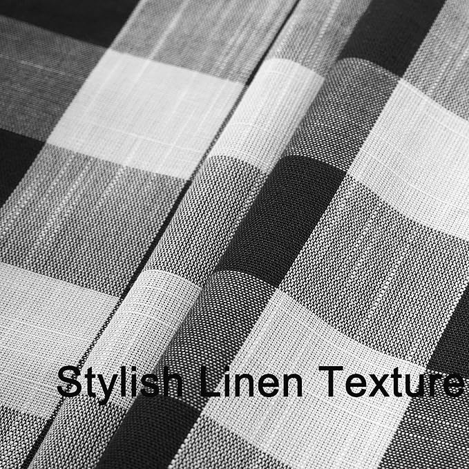 VOILYBIRD Black and White Shower Curtain Linen Texture Buffalo Plaid Farmhouse and Boho Mix with Pompoms 36"x72"