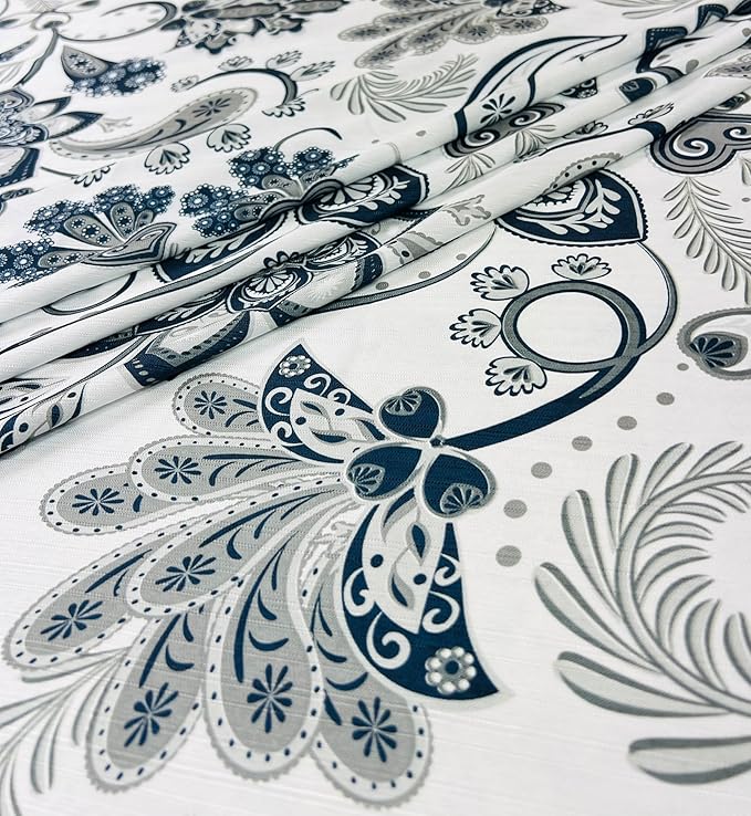 Serafina Home Hotel Quality Navy Gray Grey Fabric Bathroom Shower Curtain: Paisley Floral Leaf Damask Design on White (72 x 70 inches)