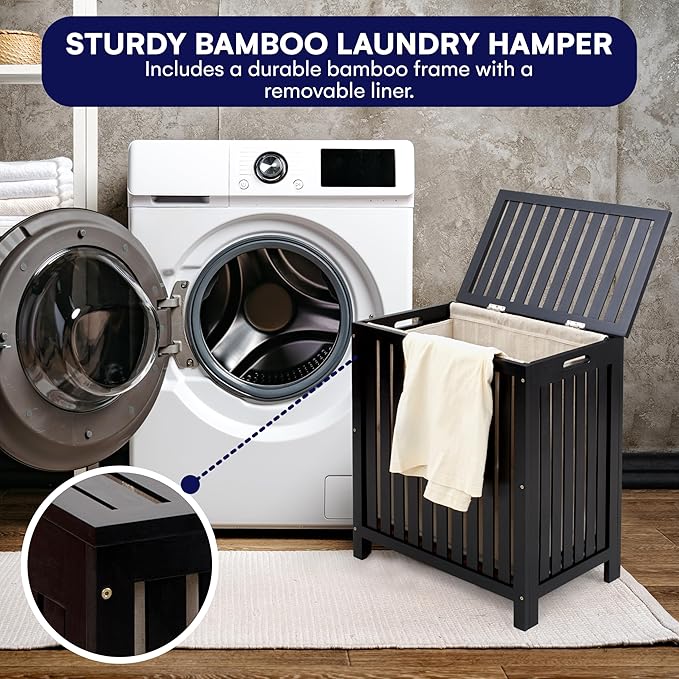 2 Lb. Depot Laundry Hamper Basket Storage in Black Bamboo - Wood Construction with Canvas Liner and Wooden Rods - Hand Grips for Portability - Functional & Stylish Organizer for Clothes -110L