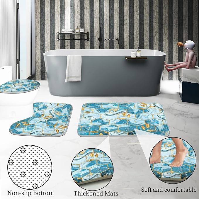 Poedist Shower Curtain Set with Rugs,Bathroom Accessory Set, Including Non-Slip Rugs,Toilet Lid Cover and Bath Mat, Waterproof Shower Curtain with 12 Hooks,Blue and White Honeycomb Marble