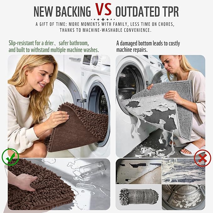 Yimobra Long Bathroom Rugs Non Slip Washable 44x24 Inch - Ultra Soft Absorbent Chenille Bath Mat, Quick Dry Shaggy Floor Carpet for Tub Shower, Brown Home Decor Accessories