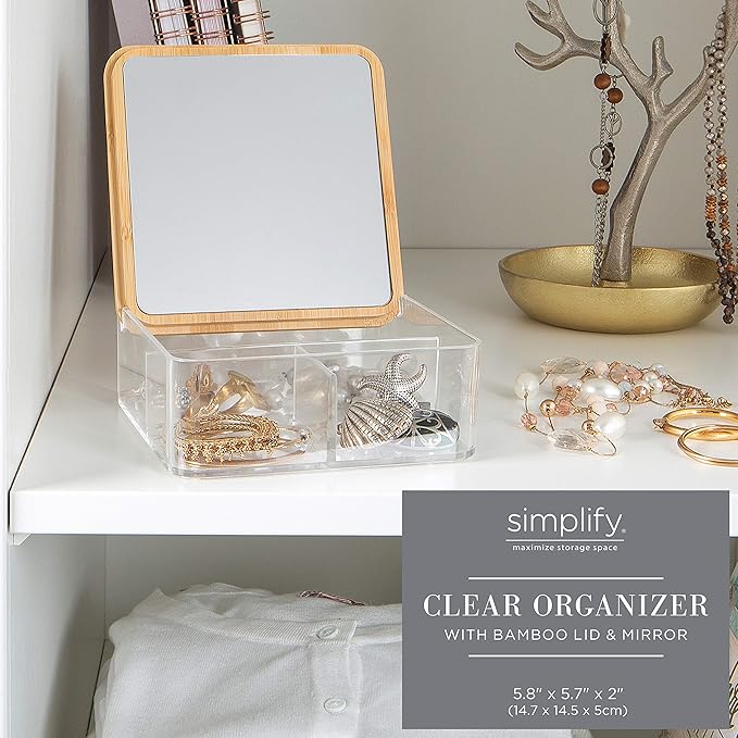 Simplify 3 Compartment Organizer with Bamboo Lid | Mirror | Perfect for Jewelry | Cosmetics | Accessories | Vanity & Countertop | Keepsake Storage Box | Clear