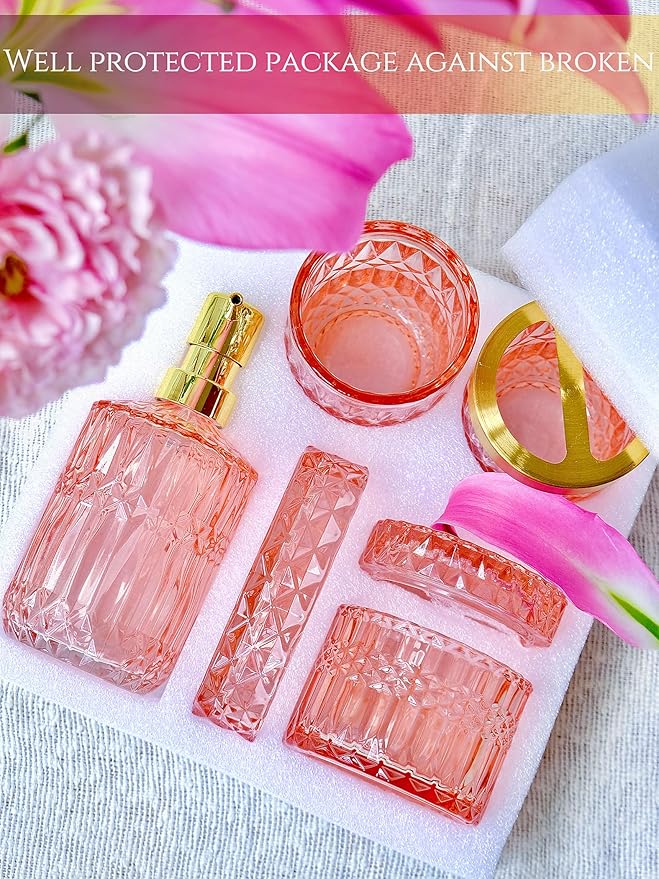 LaMarriti 5pcs Pink Bathroom Accessories Set, Crystal Clear Glass Bathroom Set, Soap Dispenser, Toothbrush Holder Set, Soap Dish, Tumbler, Qtips Holder, Modern Bathroom Decor, Gift Set
