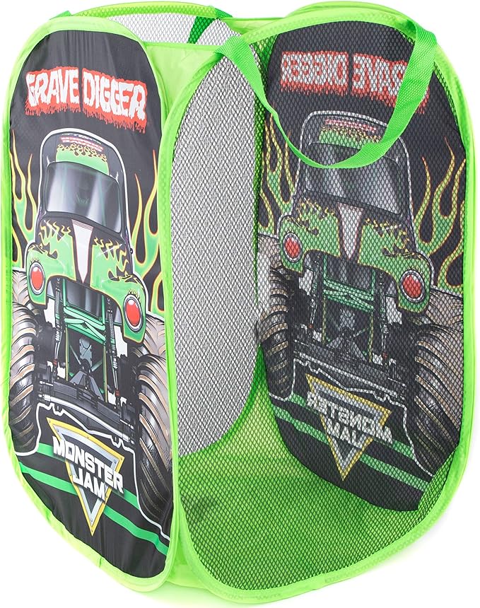 Jay Franco Monster Jam Grave Digger Pop Up Hamper - Mesh Laundry Basket/Bag with Durable Handles