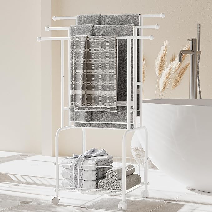 Towel Racks for Bathroom, 42" H 3-Tier Durable White Reinforced Alloy Stand with Wheels and Basket, Free Standing Towel Rack, Multi-Use Blanket Rack for Indoor/Outdoor Bathroom Display