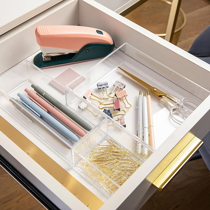Martha Stewart Brody Desktop Storage Organizer, Stack and Slide Plastic Organizer Tray, Organizer for Office, Kitchen, or Vanity, 1-S, 1-M, 1-L (Pack of 2)