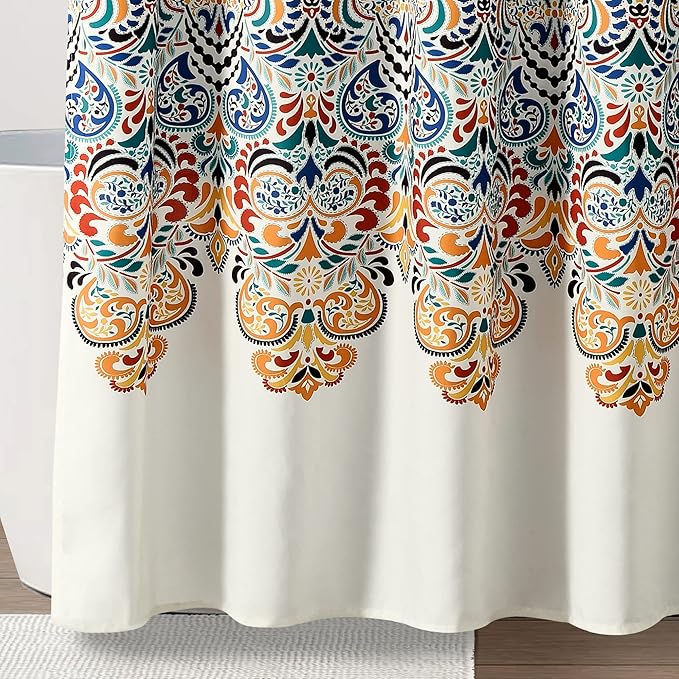 Lush Decor Boho Medallion Shower Curtain Single 72" W x 72" L Turquoise & Tangerine - Boho Shower Curtains for Bathroom Decor - Blue Bathroom Curtain