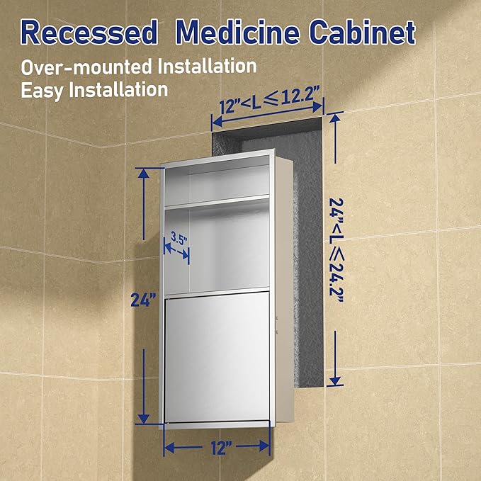 Recessed Medicine Cabinet with Door 24" X 12" Brushed Wall Medicine Cabinets with 3-Tier Shelf 304 Stainless Steel Niche Shower for Bathroom Storage