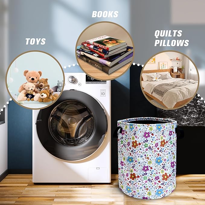 Colorful Artistic Flowers Laundry Basket Floral Foldable Oxford Cloth Funny Tote Bag Laundry Hamper Clothes Storage Bucket Toy Organizer For Bathroom/Laundry Storage/Bedroom 18.9x16.5 Inch