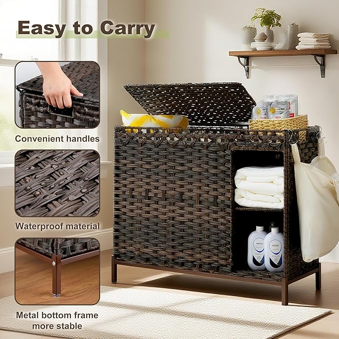 Gitelsnour Laundry Hamper with Lid, 130L(34.4 Gal) Rattan Laundry Hamper 3 Section with 50L (13.2 Gal) Storage Shelf, Wicker Woven Laundry Sorter Basket with 4 Liner Bags and Handles, Brown GLH003BR