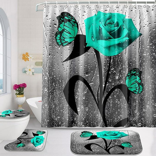 Poedist 4 Pcs Bathroom Shower Curtain Set,Green Rose Bathroom Set, Shower Curtain Sets with Rugs(Bath Mat,U Shape and Toilet Lid Cover Mat) and 12 Hooks