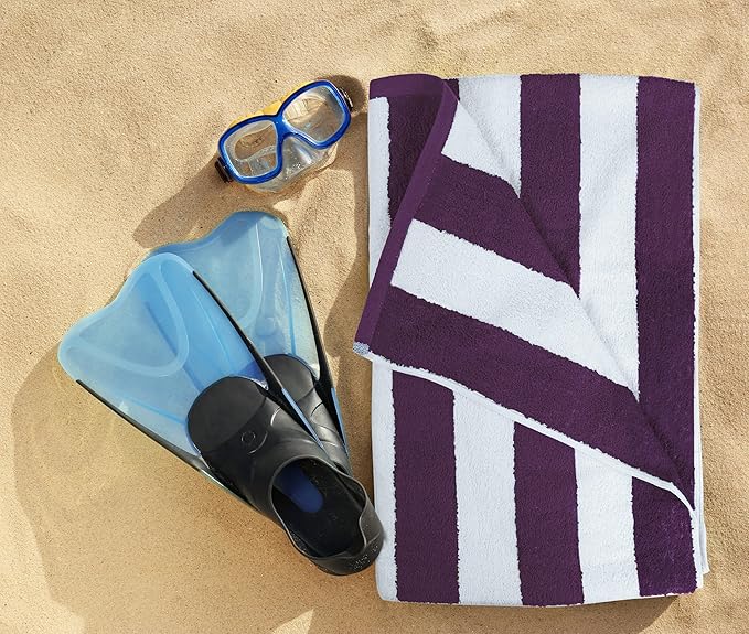 Utopia Towels [4 Pack Cabana Stripe Beach Towel, (30 x 60 Inches) Oversized 100% Ring Spun Cotton Pool Towels, Highly Absorbent Quick Dry Bath Towels for Bathroom, and Swim Towel (Plum)