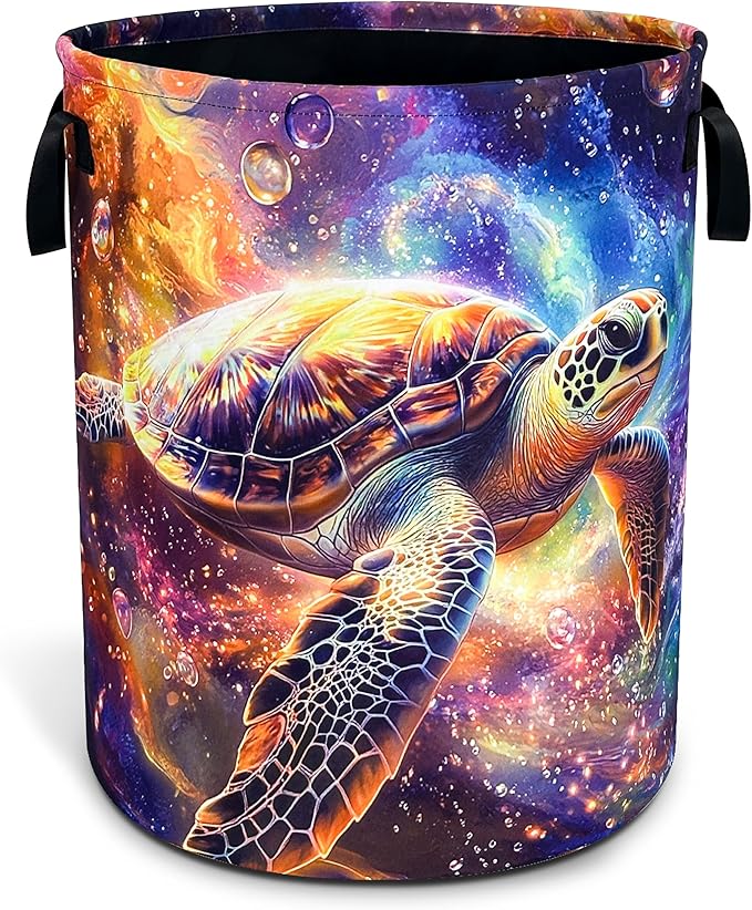 Sea Turtle Laundry Basket Galaxy Space Foldable Waterproof Oxford Cloth Funny Tote Bag Laundry Hamper Clothes Storage Bucket Toy Organizer For Bathroom/Laundry Storage/Bedroom 18.9x16.5 Inch