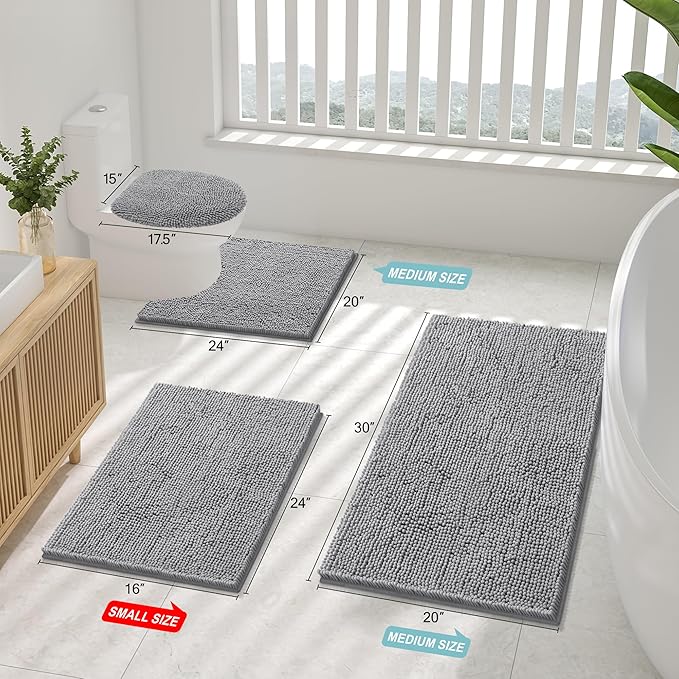 Smiry Luxury Chenille Bathroom Rugs 34x21, Extra Soft and Absorbent Shaggy Bath Mat, Machine Washable, Non-Slip Plush Carpet Runner for Tub, Shower, and Floor, Home Decor Accessories, Grey