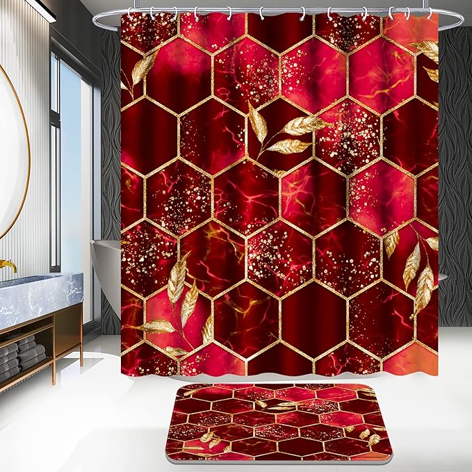 Poedist 4 Pcs Bathroom Shower Curtain Set,Red Honeycomb Marble Bathroom Sets with Rugs(Bath Mat,U Shape and Toilet Lid Cover Mat) and 12 Durable Hooks