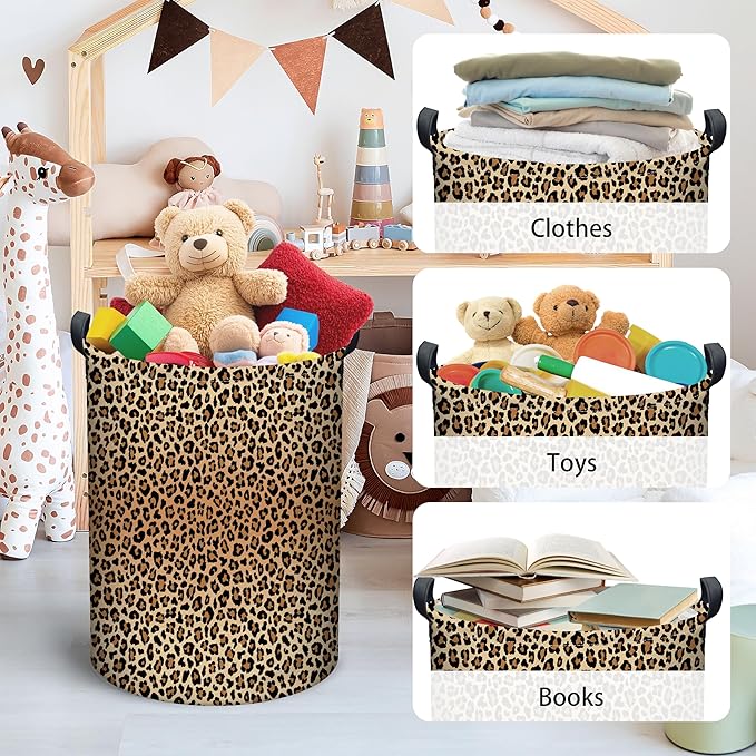 Leopard Print Laundry Basket, Collapsible Waterproof Oxford Cloth Laundry Hamper, Funny Round Kids Toys Storage Basket as Room Decor, Dirty Clothes Hamper for Bedroom Bathroom Dorm