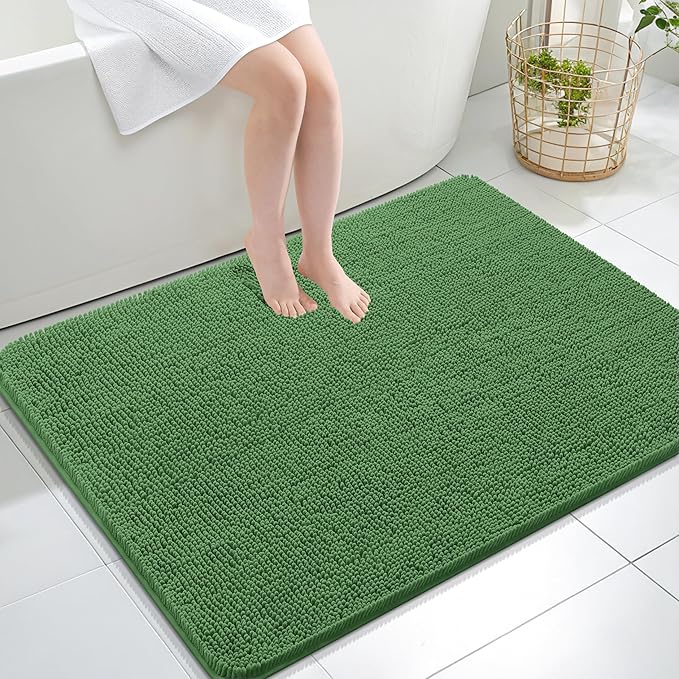 OLANLY Bathroom Rugs 40x32, Extra Soft Absorbent Chenille Bath Rugs, Rubber Backing Quick Dry, Machine Washable Bath Mats for Bathroom Floor, Tub and Shower, Home Decor Accessories, Olive Green