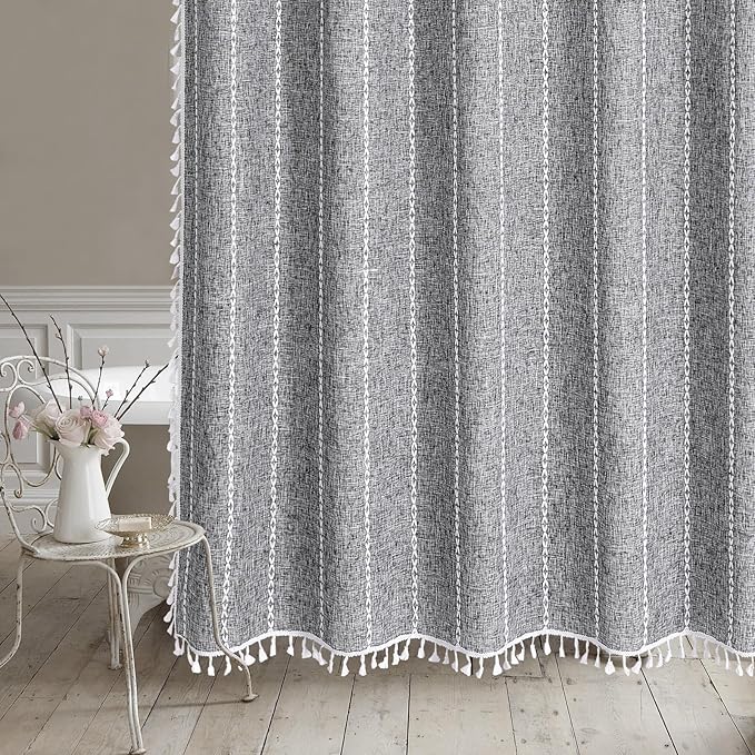 MitoVilla Boho Extra Long Shower Curtain 72 x 96, Darkgrey Modern Farmhouse 96 inch XL Polyester Linen Texture Tassel Fabric Shower Curtain Set with Hooks for Cottagecore Country Bathroom Decor