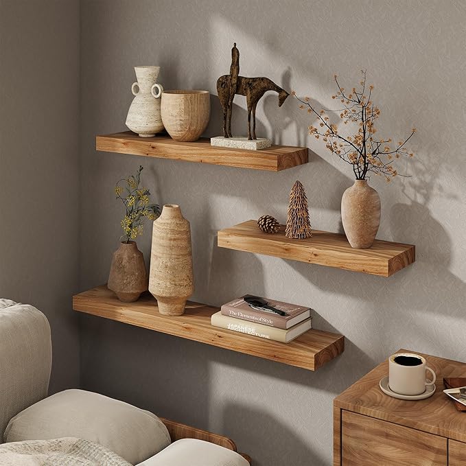 Marsmiles 30 inch Floating Shelves for Wall Solid Elm Wood Shelves|Rustic Wall Shelves with Invisible Heavy-Duty Bracket for Bathroom Living Room Kitchen|Natural, 2 Pack