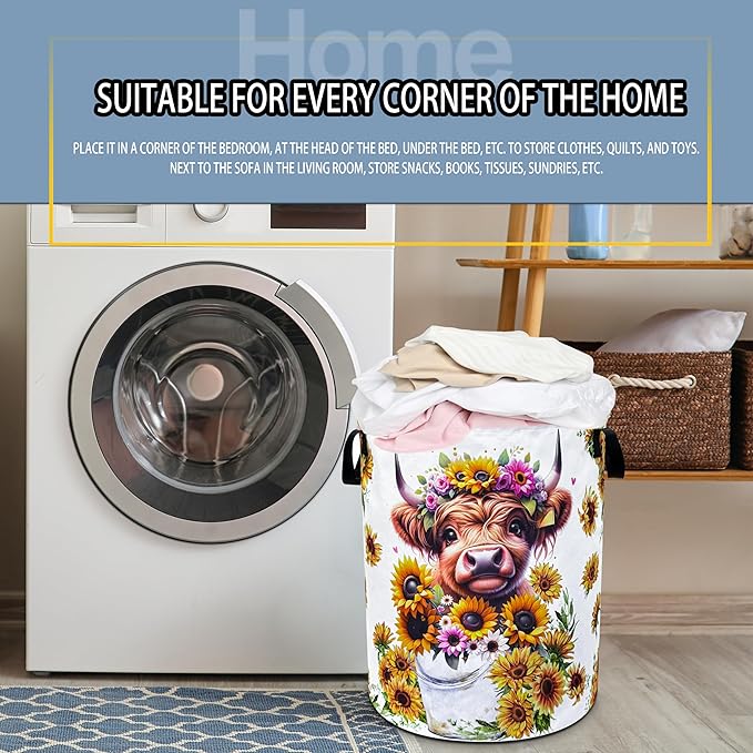 Highland Cow Laundry Basket Sunflower Flower Foldable Oxford Cloth Funny Tote Bag Laundry Hamper Clothes Storage Bucket Toy Organizer For Bathroom/Laundry Storage/Bedroom 18.9x16.5 Inch