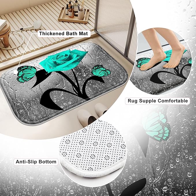 Poedist 4 Pcs Bathroom Shower Curtain Set,Green Rose Bathroom Set, Shower Curtain Sets with Rugs(Bath Mat,U Shape and Toilet Lid Cover Mat) and 12 Hooks