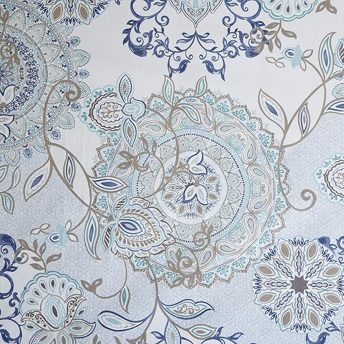Madison Park Isla 100% Cotton Percale Shower Curtain, Floral Medallion Boho Printed Watercolor Cute Modern Home Bathroom Decor, Bathtub Privacy Screen, 72" x 72", Blue