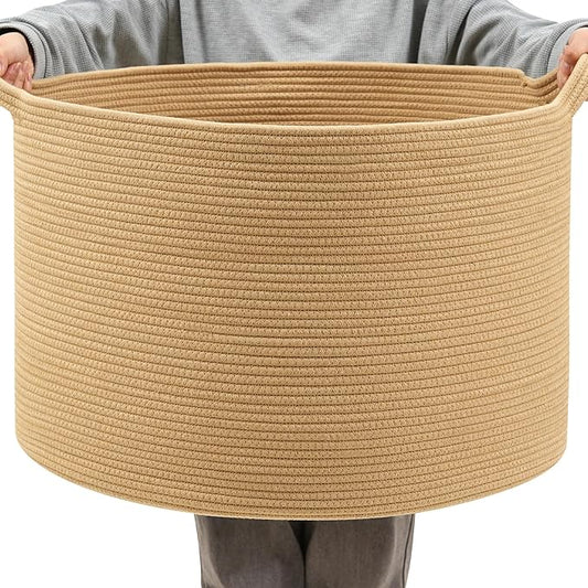Foldable Laundry Hamper Basket with Collapsible Handle Cotton Rope Soft Woven Fabric Storage Organizer Clothes Toys Nursery Bedroom Dorm Space Saving Bin (Camel, 80L(21.7"D x 13.8"H))