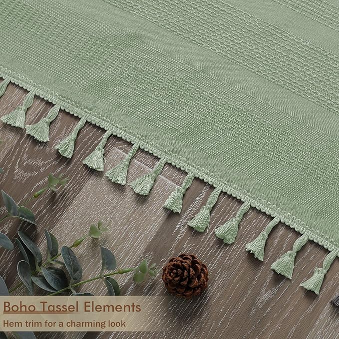 OVZME Extra Long Boho Shower Curtain 84 Inch Long, Modern Farmhouse Heavy Duty Linen Textured Soft Fabric, Rustic Country Cloth Shower Curtain with Tassel for Bathroom Hotel, 72Wx84L, Light Green