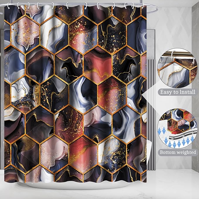 Poedist 4 Pcs Bathroom Shower Curtain Set,Purple Honeycomb Marble Bathroom Sets with Rugs(Bath Mat,U Shape and Toilet Lid Cover Mat) and 12 Durable Hooks