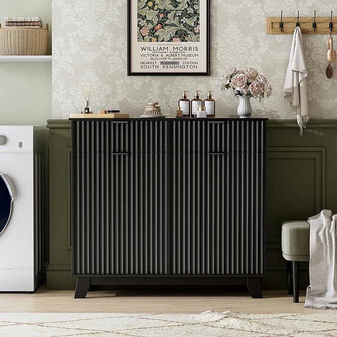 Double Tilt Out Laundry Hamper Cabinet, 20 Gallon Wooden Trash Can Cabinet with Storage Drawers, Hidden Fluted Garbage Can Holder for Kitchen, Living Room (Black, 39.34" W x 35.83" H x 13" D)