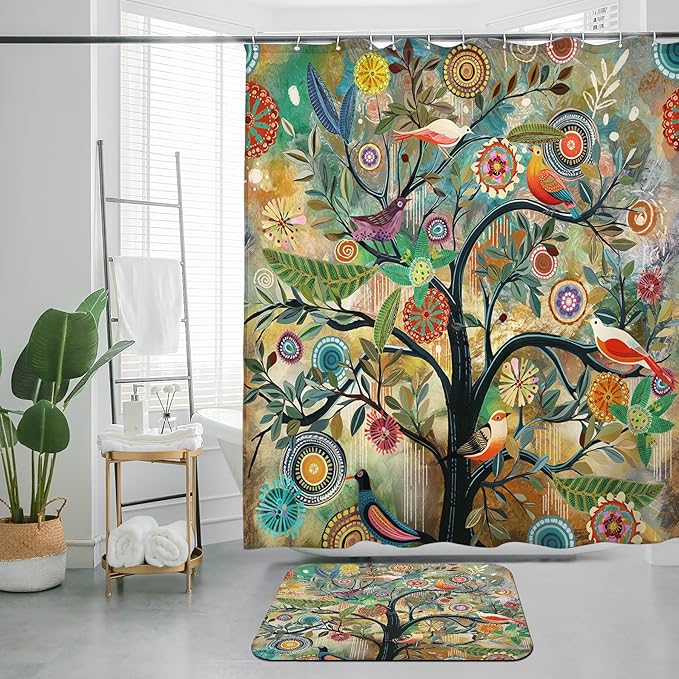 Shower Curtain Set with Non-Slip Quick Dry Rugs16 x 24" and Bathroom Colorful Boho Floral Print Waterproof Fabric Bath Shower Curtain 72" x 72"