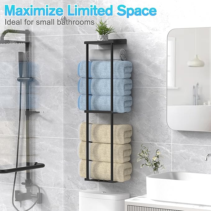 Liuoud Towel Rack for Bathroom, Wall Mounted Vertical Rolled Towel Storage Organizer Holder with Shelf, Holds Up 6 Large Bath Sheets, Black