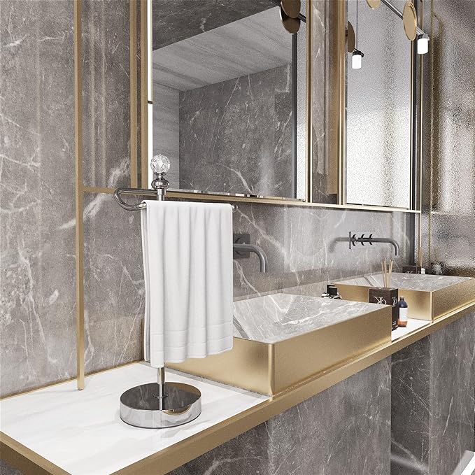 ROLABAM Heavy Weighted Towel Holder (with Crystal Ball) Standing Towel Holder - Total Height 15.7'' for Kitchen, Bathroom, Vanity - Classic Decorative Metal Hand Towel Stand, Polished Chrome