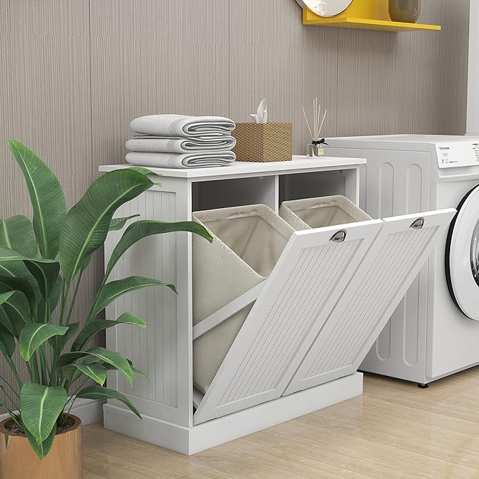 Double Tilt Out Laundry Sorter with Trash Cabinet and Storage - Free Standing, Dog Proof, Recycling, Kitchen Island with Garbage Bin (White)