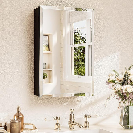 TETOTE 16 x 24 Medicine Cabinet with Tempered Beveled Mirror Black Bathroom Mirror with Storage Aluminum Cabinet DTC Hinges, Stepless Adjustable Shelves, Recessed/Surface-Mounted