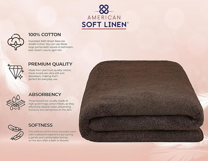 American Soft Linen 100% Cotton 600 GSM Turkish 40x80 Oversized Bath Towel Sheet, Extra Large Adult Towels for Bathroom, Brown Bath Sheet