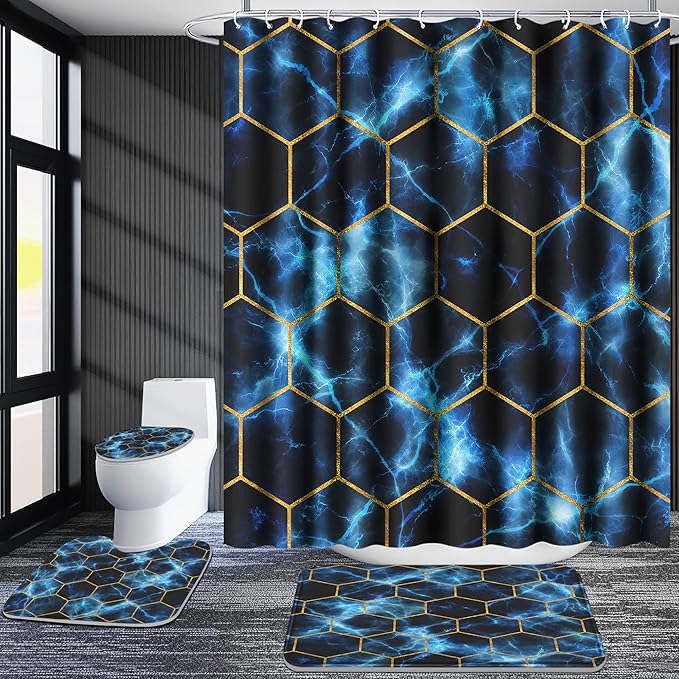 Poedist Shower Curtain Set with Rugs,Bathroom Accessory Set, Including Non-Slip Rugs,Toilet Lid Cover and Bath Mat, Waterproof Shower Curtain with 12 Hooks,Lightning Honeycomb Marble