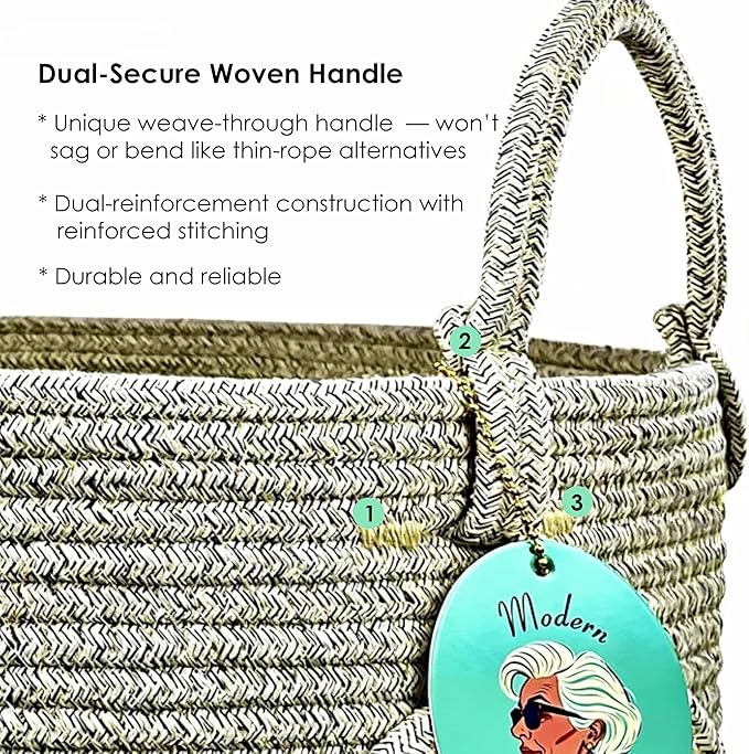 Modern Granny Medium Cotton Rope Laundry Hamper 14x16 Inch Dual Secure Woven Handle for Living Room Closet Clothes Blanket Organization