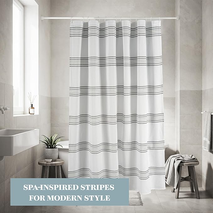 LANE LINEN Waterproof Shower Curtain - 72 x 36 inches Stall Size - All in 1 Linerless Stripped Fabric with Integrated Waterproof Layer - Modern Spa Style Exterior - Durable & Machine Washable - Gray