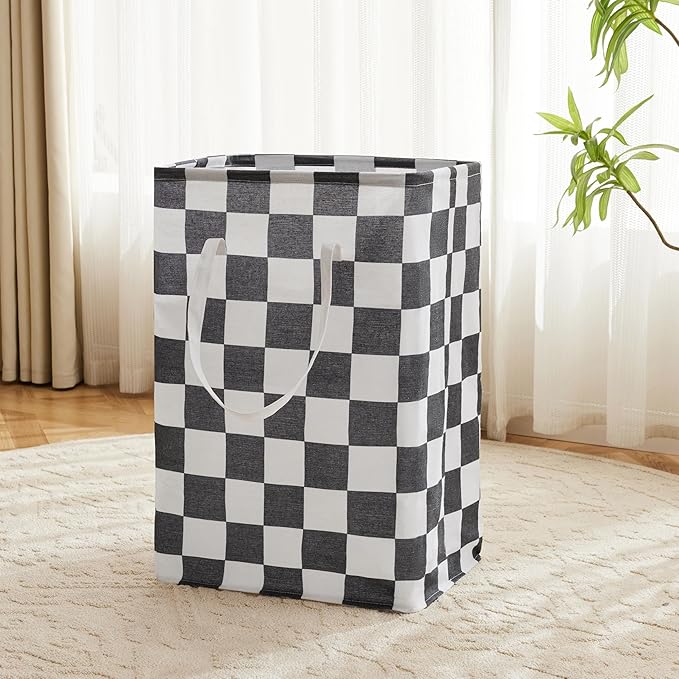 Ohocut Checkered Laundry Hamper, Pack of 2, Large Black White Aesthetic Collapsible Cloth Hampers Basket for Storage Organization Cute Race Cars Boy Room Decor, 2 x 75L