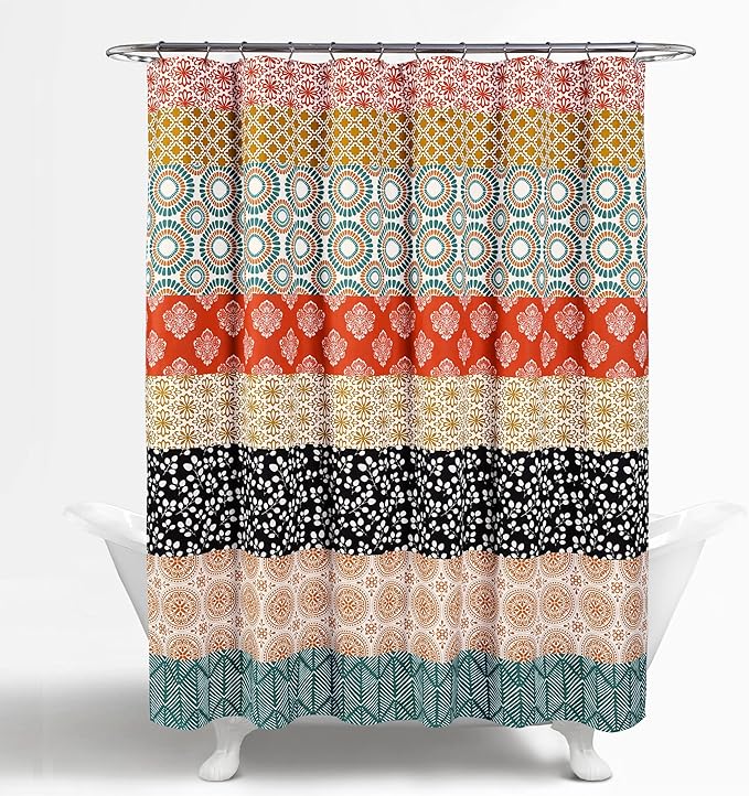 Lush Decor Bohemian Stripe Shower Curtain 72" W x 78" L Turquoise & Orange - Bathroom Curtain - Extra Long Shower Curtain - Boho Decor - Fabric Shower Curtains