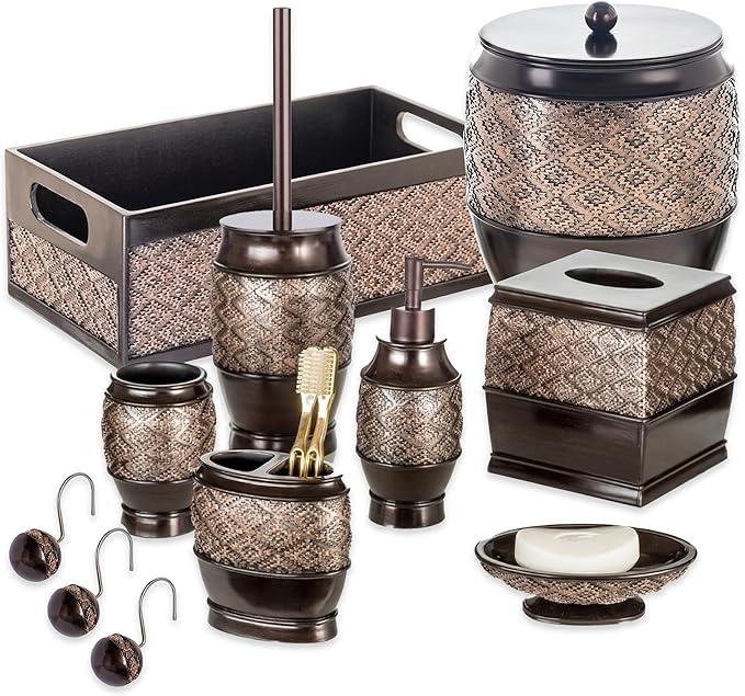 Creative Scents Dublin Brown Small Trash Can with Lid 1.26 Gal / 4.8L - Decorative Oval Waste Basket, Durable Resin Slim Bathroom Covered Garbage Can Wastebasket Bin for Diaper/Paper