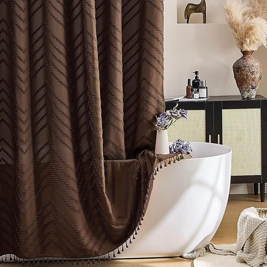 Extra Long Boho Shower Curtain, Woven Fabric 84 in Brown Shower Curtain, 72 x 84, Tufted Chevron Striped Modern Chic Textured Minimalist Bathroom
