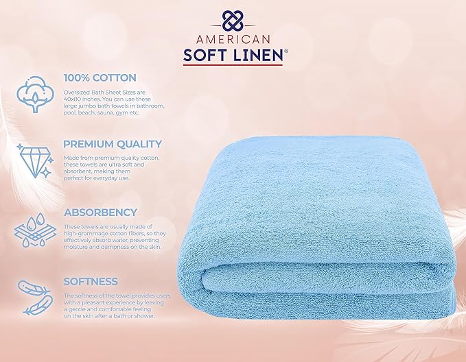 American Soft Linen 100% Cotton 600 GSM Turkish 40x80 Oversized Bath Towel Sheet, Extra Large Adult Towels for Bathroom, Sky Blue Bath Sheet
