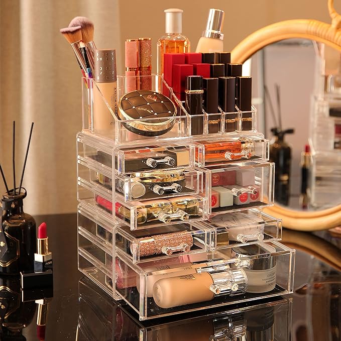Cq acrylic 3 Pack Clear Makeup Organizer Countertop,Stackable 8 Drawers Skincare Organizer,Cute Skin Care Organizer for Vanity Hair Clip,Jewelry,Beauty Product Desk and Make Up Organizers for Vanity