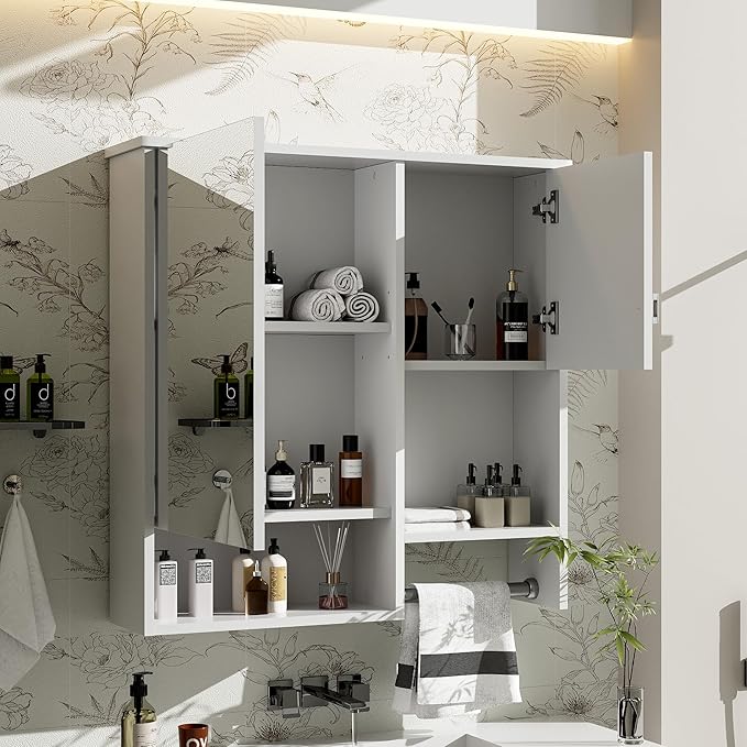 Merax Medicine Cabinet for Bathroom, Wall Mount Bathroom Cabinet with Mirror, Open Shelf, and Towel Bar, 29.5" W x 28.7" H Over The Toilet Mirrored Bath Wall Cabinet